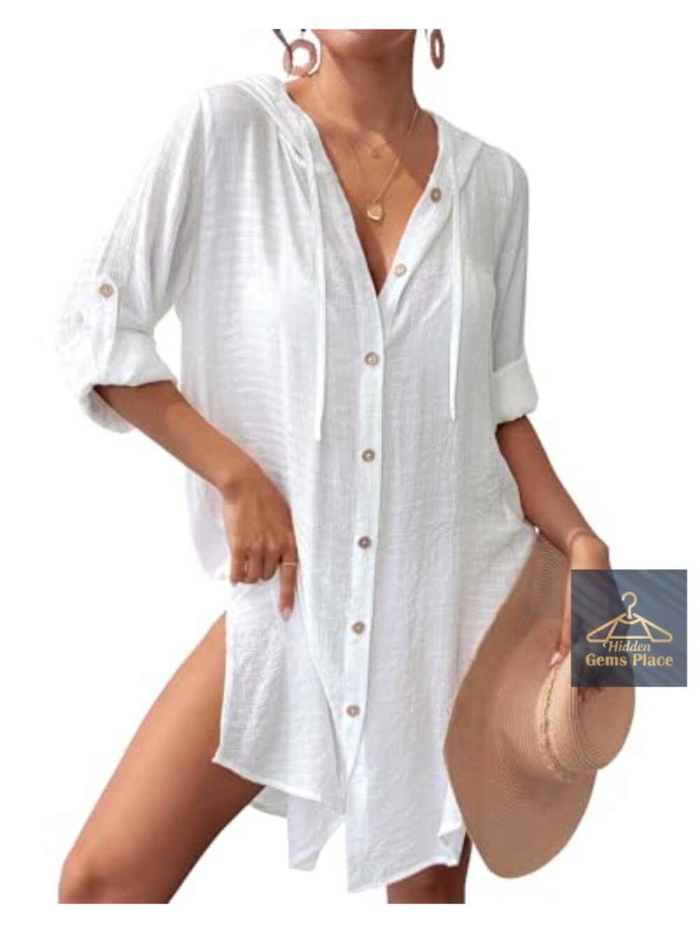 Women's Long Sleeve Hooded Beach Coverup Button Down Swim Dress